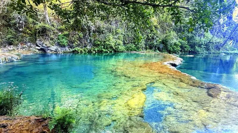 Turquoise natural swimming pools of Semuc Champey viewed from above, 2-day tour from Flores Guatemala with cave exploration and river tubing